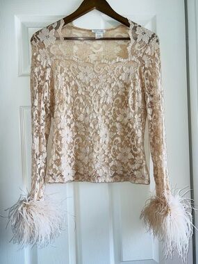 Kay Celine Feather-Cuff Lace Blouse in Nude
